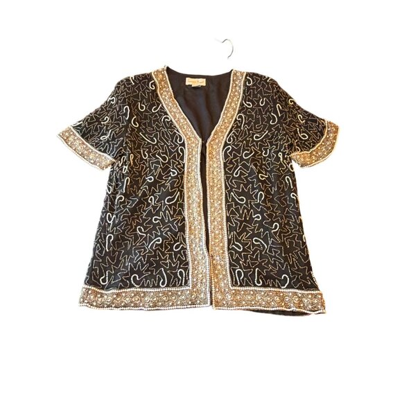 Lawrence Kozar Beaded Silk Evening Jacket Black Gold Metallic Embellished XL - Picture 1 of 7